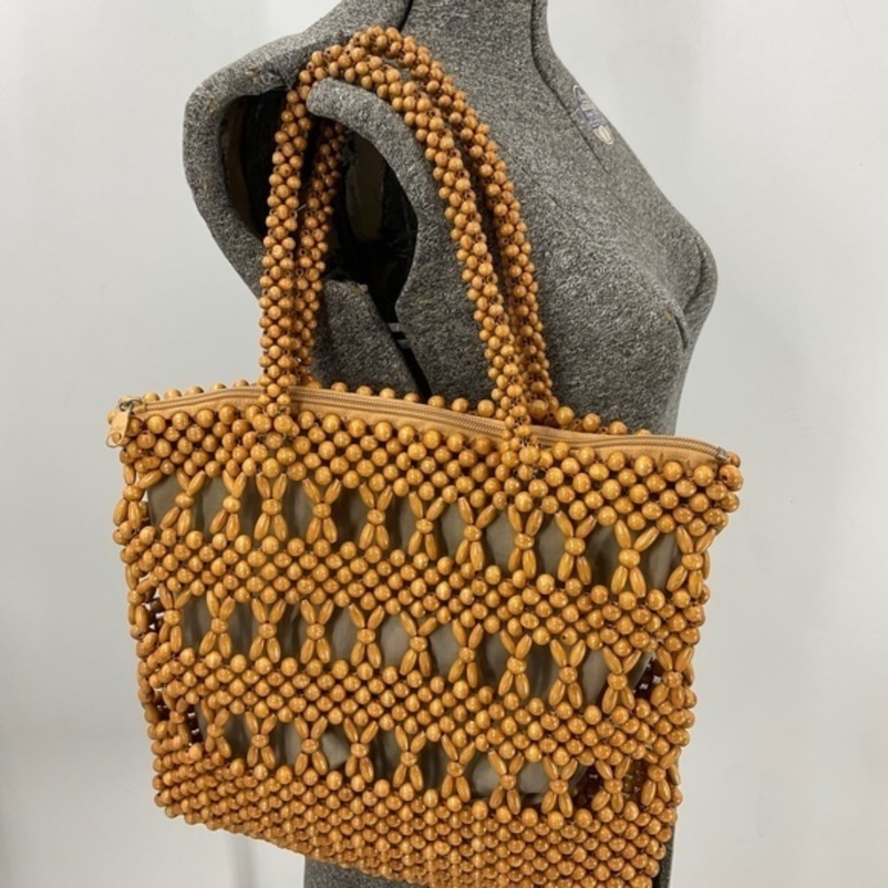 Vintage Wood Bead Boho Granny Core Bohemian Shoulder Bag Purse View 2